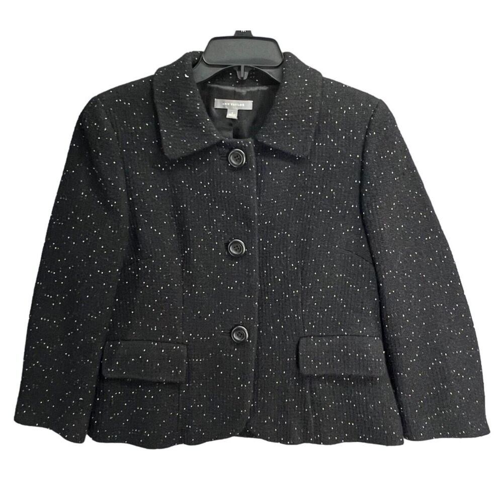 Ann Taylor Blazer Jacket Womens 6 Black‎ White Wool Blend Career Timeless Career